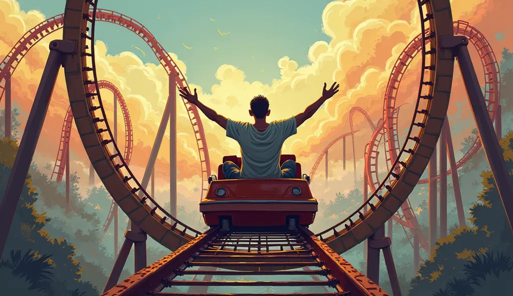 "A large roller coaster with high and low tracks, representing the ups and downs of life. In the cart, there is a person with open arms, symbolizing flexibility and courage to face challenges."