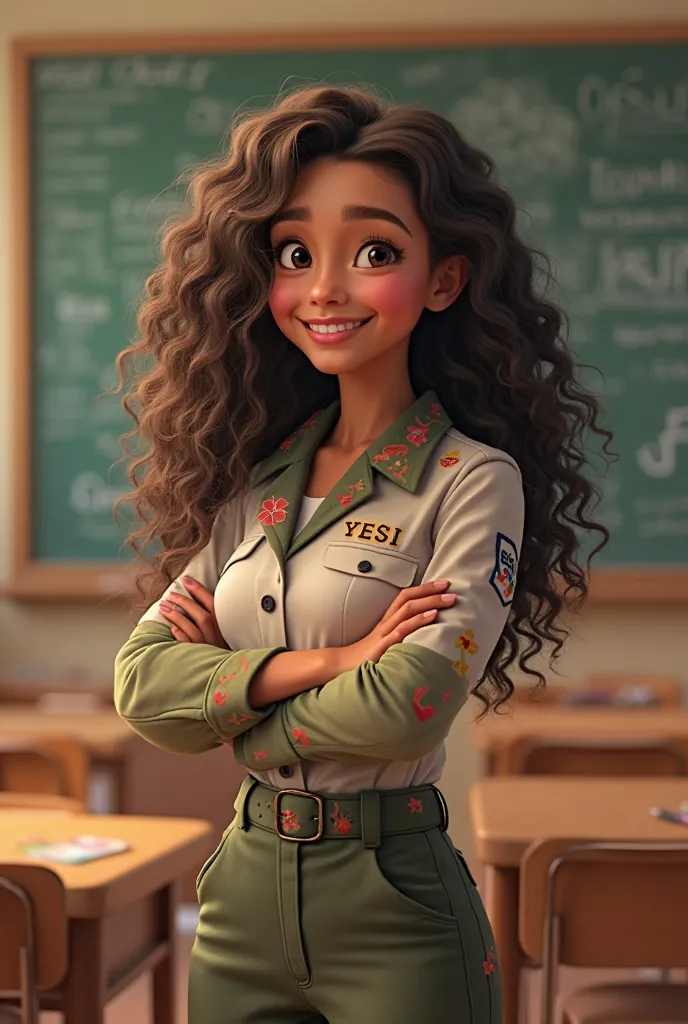 Disney Baner of a young teacher with long curly hair, charismatic and smiling in a uniform with letters and drawings, the name YESI on the uniform at chest height on the left side, standing in the middle of a classroom of  ren 