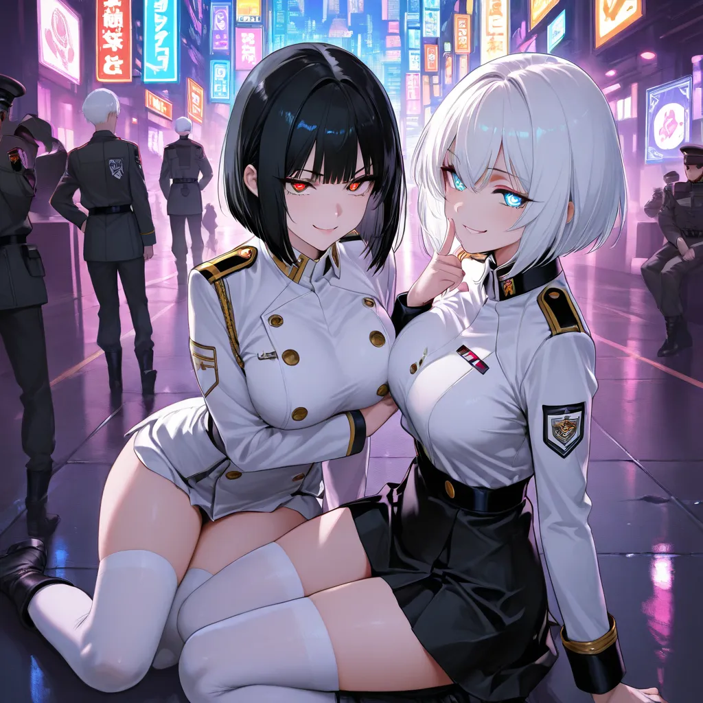 High quality, delicate and detailed eyes, neon city, bob cut white hair, white military uniform, long black hair, black military uniform combat, white knee-high socks, absolute area, seductive smile, smug