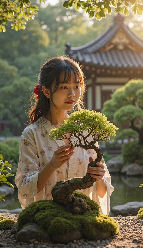 a girl tending to bonsai trees in a traditional japanese garden, intricate details, beautiful detailed eyes, beautiful detailed lips, extremely detailed face, longeyelashes, high quality, 8k, hyperrealistic, volumetric lighting, warm color tones, golden ho...