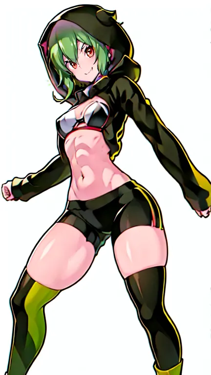 rina shinomyia, short Green hair, black hoodie, open clothed, Thight micro shorts, red eyes, smirk, Kong sleeves, thighhighs, highknee boots, (full body shot:1) view from bellow, bottom to top view, looking at viewer, masterpiece, high detailed 8k, full bo...