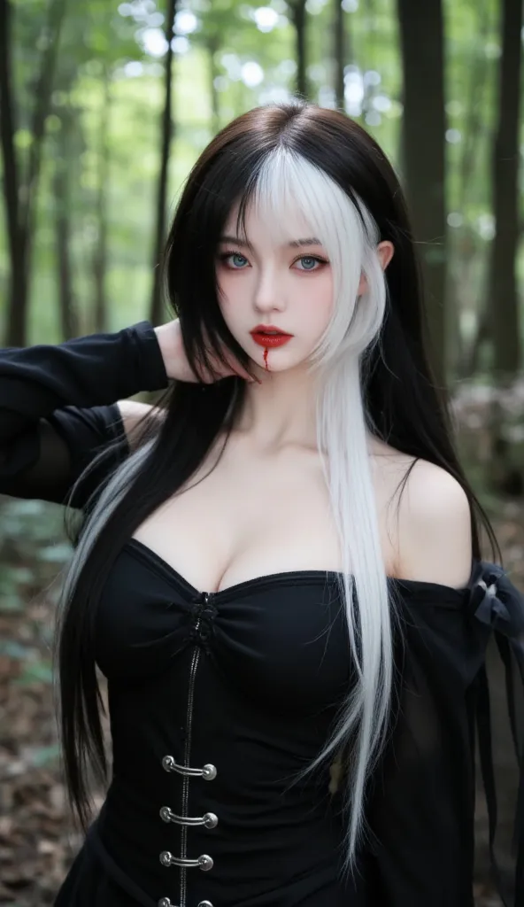 A mysterious Elf with an enigmatic and penetrating eye.  Her eyes are vibrant , blending shades of blue and green. Her hair is split in half, half black and half white, falling out fluidly and elegantly. She wears a vampire cosplay that transmits power and...