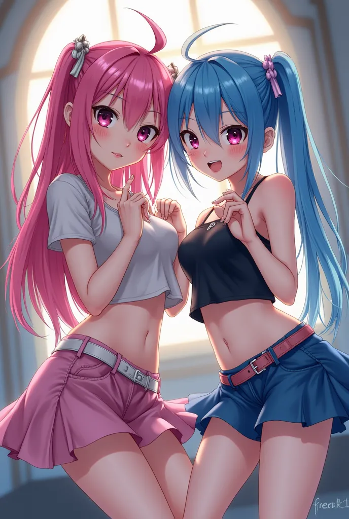 score_9, score_8_above, score_7_above, score_6_above, Origin_anime, 2 s, Stacking , without panties, in this, short skirt, 
pink hair, blue hair clothing, looking at the viewer,