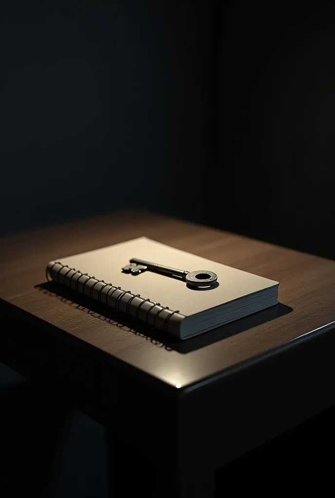 A study table with a closed notebook and a key on it, symbolizing secrets and control.