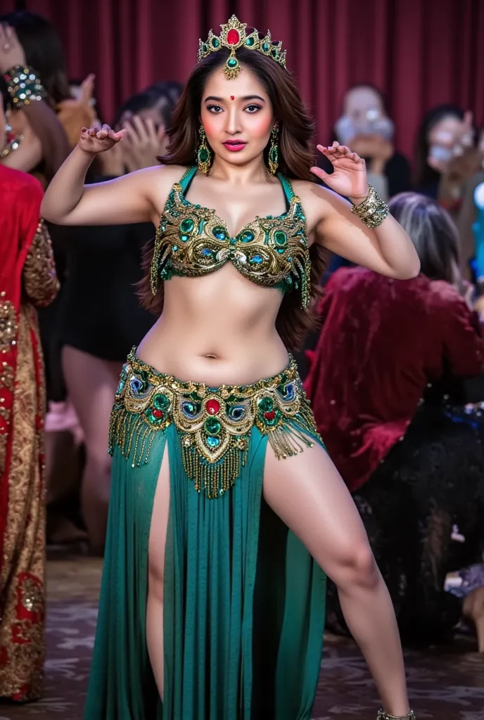 Tamannah Bhatia as princess Jasmine, chained, belly dancer outfit with slits, tiara, big round , cleavage, sexy legs hinted under the mesh dress, chained, groped by jaffar, scared expressions.