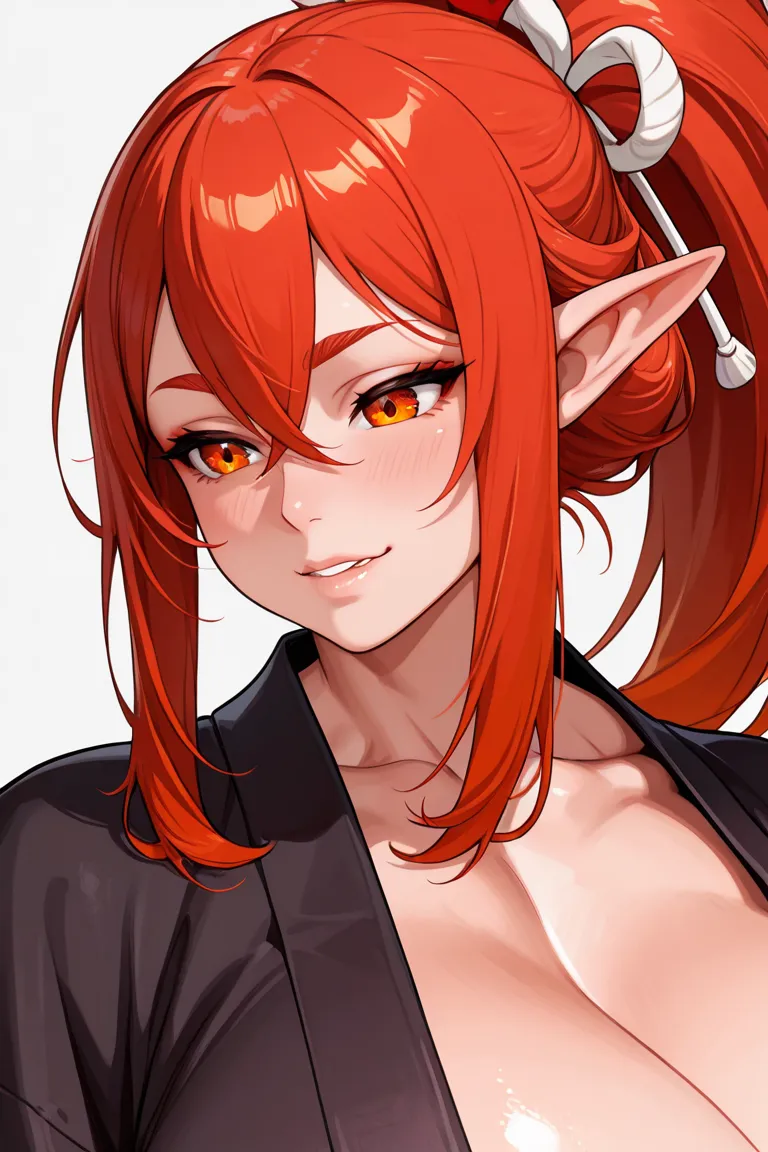 a close up portrait. "A slutty youthful 20 year old Japanese woman, huge Massive breasts, toned muscles, amber colored eyes and long scarlet hair,  in a red and black kimono in a fantasy (dungeons & dragons) setting