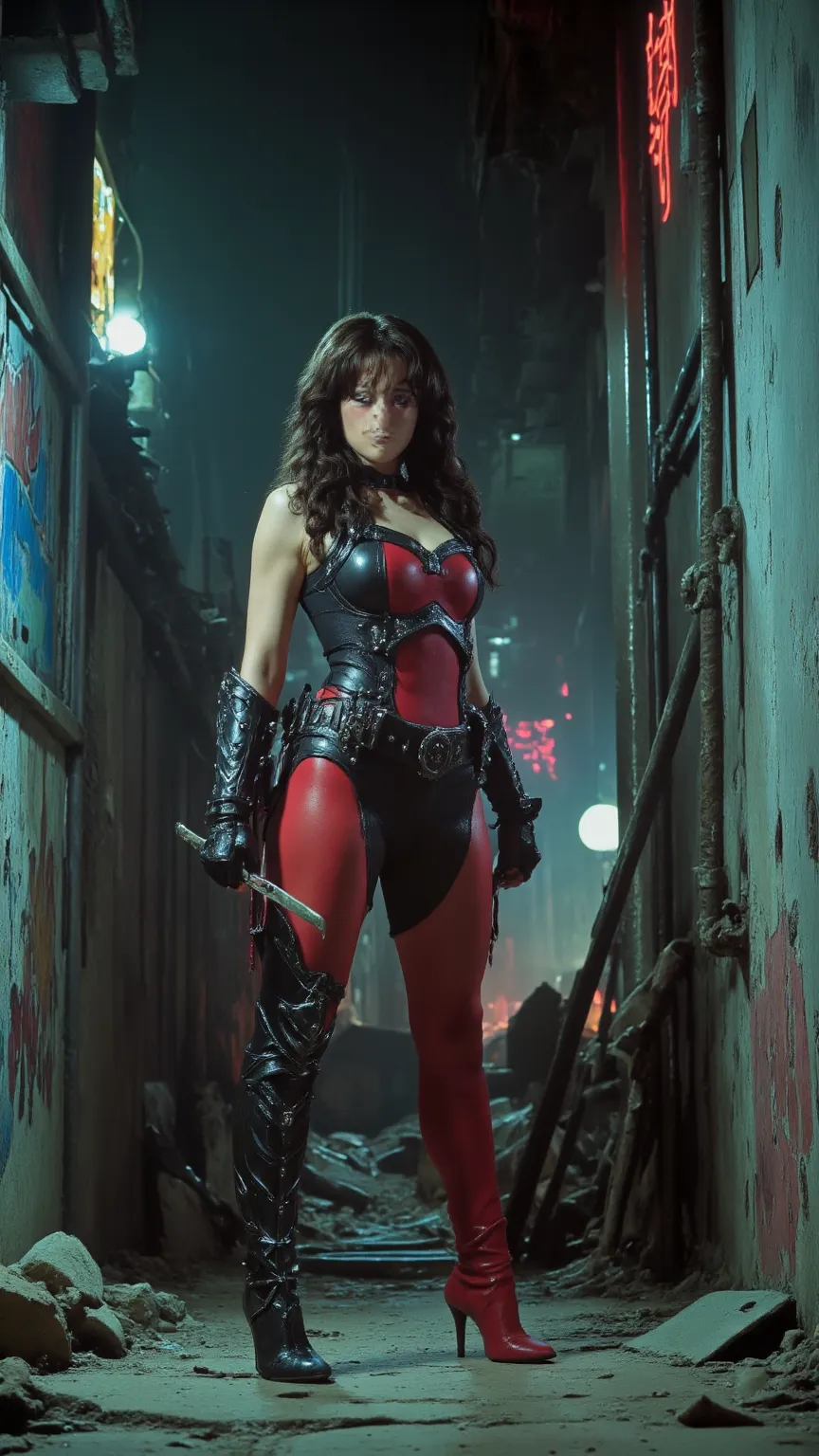 A cinematic close-up scene from a movie Elektra, featuring a superheroine, dressed in her iconic red and black combat suit with tight-fitting fabric and intricate armor-like accents on her arms and thighs. She wears twin sais holstered at her sides, and he...