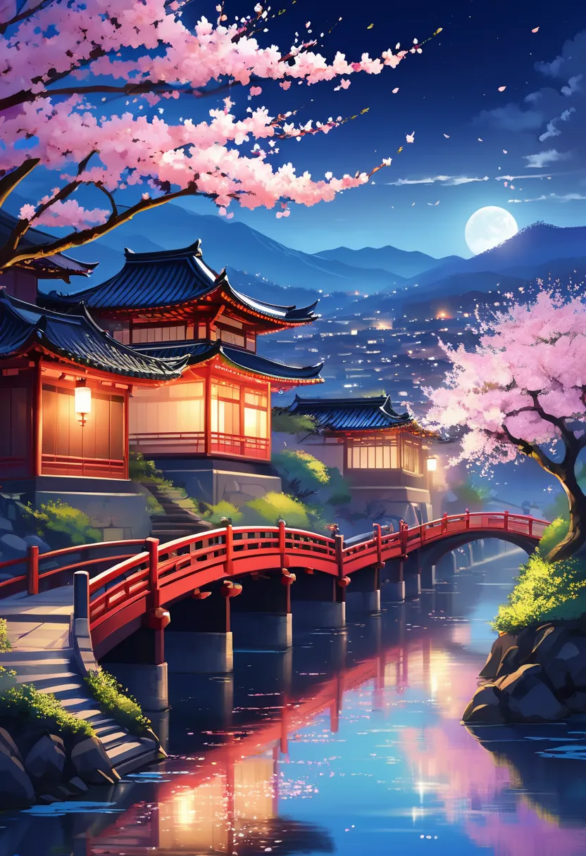 Aryan landscape,  The view is a beautiful night，Cherry blossoms . No humans in view, Night color Sunny，.  Landscape is ,  Bridges and buildings surrounded by water .  cherry blossom petals growing from trees of East Asian architecture , Natural beauty addi...