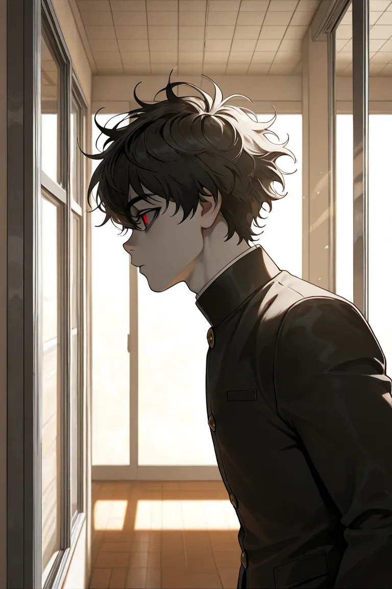 boy, very thin boy, gakuran uniform, gakuran, reddish eyes, pale skin, black hair, half-messy hair, dark circles, looking out the window, school hallway, warm atmosphere, profile, profile view, side view, straight posture, one hand on the window ledge, hai...