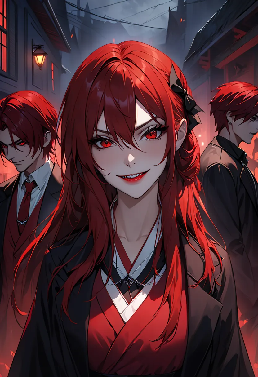 masterpiece, best quality, high definition, girl around her neck, Alone, Modern Vampires, red hair, long hair, Open Hair, red eyes, evil smile,  had two boys on either side of her, both vampires with red hair, Red and black outfit, Scary Background