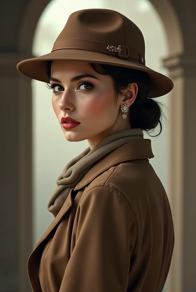 A graceful and elegant lady detective in natural earth tones, refined features, browns, and beiges, muted colors.