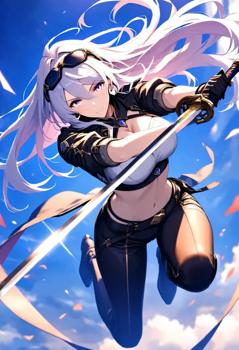 a woman, \character "ATLAS"\, solo, vertical slash to you, with flying jump, raising a sword moment,