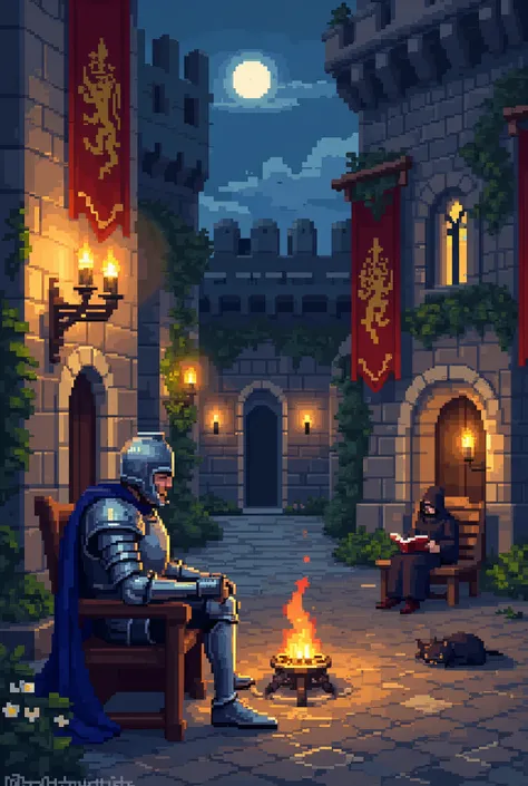 A highly detailed pixel art scene depicting a medieval knight in full plate armor, resting on a wooden bench in a grand yet peaceful castle courtyard. His helmet is removed, revealing tired but serene eyes as he gazes into the warm glow of a nearby brazier...