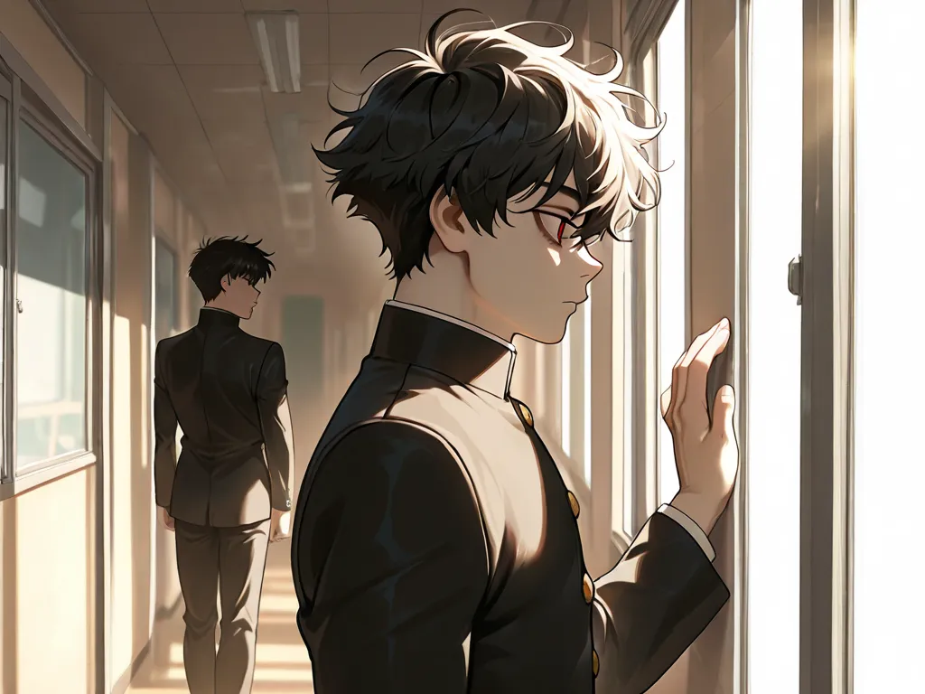 boy, very thin boy, gakuran uniform, gakuran, reddish eyes, pale skin, black hair, half-messy hair, dark circles, looking out the window, school hallway, warm atmosphere, profile, profile view, side view, straight posture, one hand on the window ledge, hai...