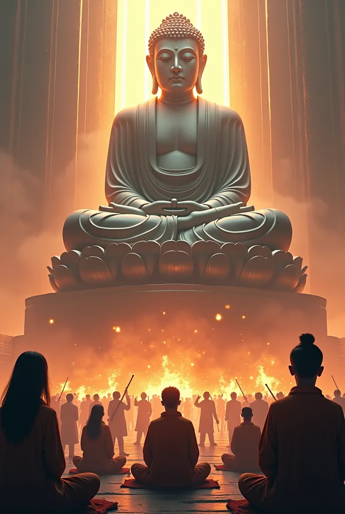 in the battle space and the bright lights, images of young people meditating, at the foot of the huge Buddha, around are images of warriors fighting, fight together