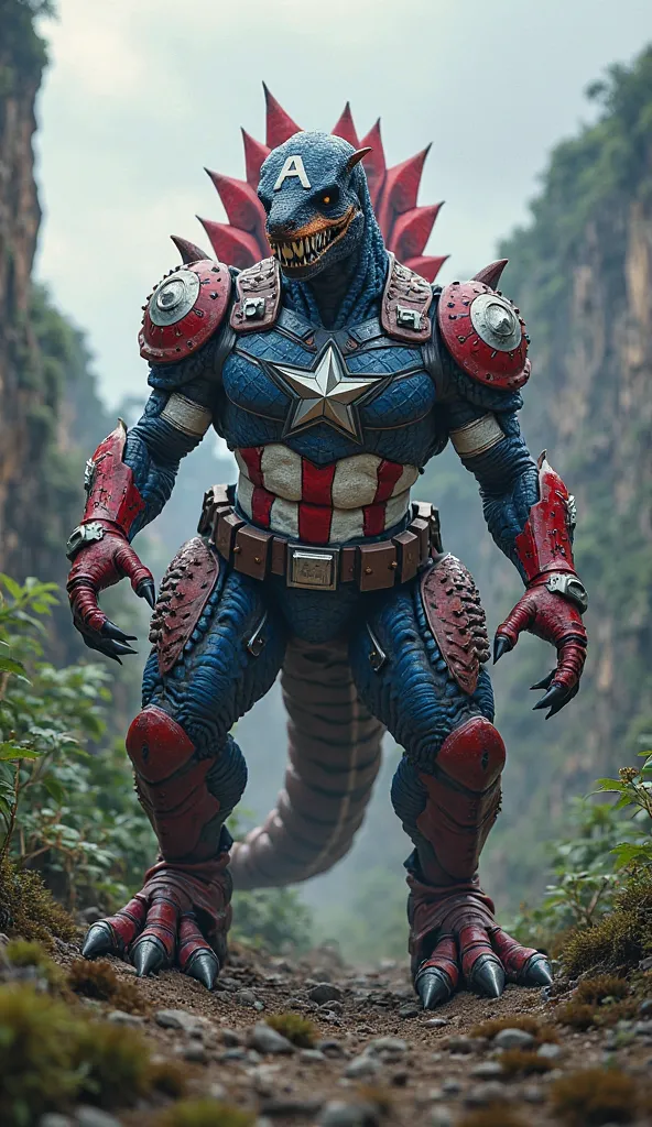 Captain America is an armored dinosaur, armored dinosaur in the colors of Captain America, Realistic and detailed image, 8k