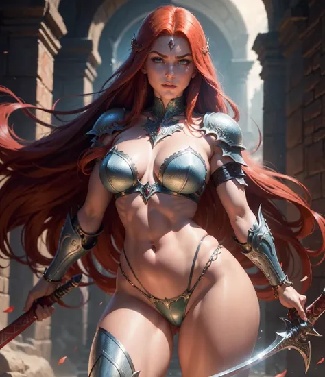 Art similar to John Buscema,1mulher, long red hair, green eyes,voluptuous(details on the body),very pretty, wearing women's armor made of silver scales,Red Sonja style,relentless, arrogant , standing,with her sword in her hands  , full body ,in front of hi...