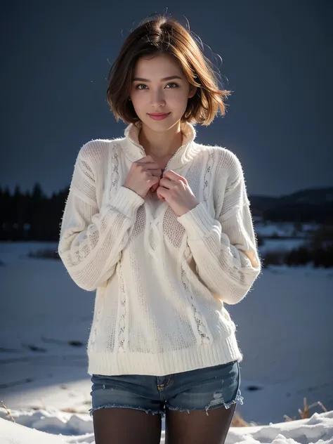 Top quality, ultra high resolution, realistic, ultra hot gorgeous Woman, Beautiful detail eyes and skin, smile, Light brown short-cut hair, She is Wearing (Long luxury cosy wool sweater, lace pantyhose), posing for a photo, gorgeous model, IG-Model, beauti...