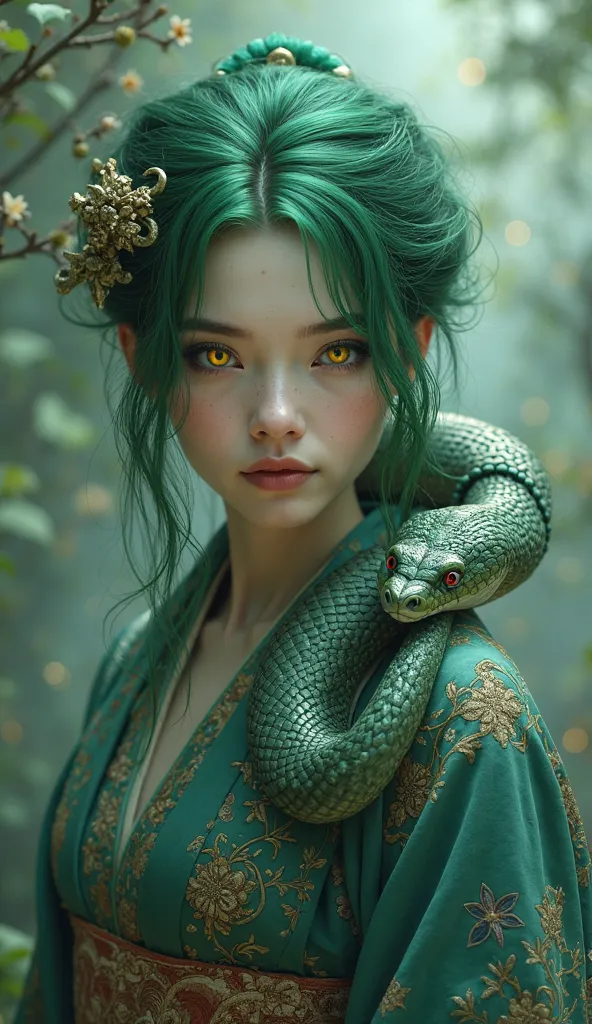 A woman with a snake wrapped around her neck、 kimono、yellow eyes、 green hair