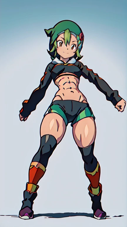 rina shinomyia, short Green hair, black hoodie, open clothed, Thight micro shorts, red eyes, smirk, Kong sleeves, thighhighs, highknee boots, (full body shot:1) view from bellow, bottom to top view, looking at viewer, masterpiece, high detailed 8k, full bo...