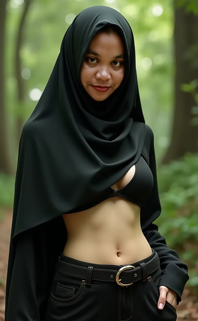 Black Hijab girl,big boob,ultra underboob, chinese girl,smal smile,long navel, crop top shirt,pants belt, girl in the Forest,fatty belly,belly very oil greasy, low rise pants, long navel