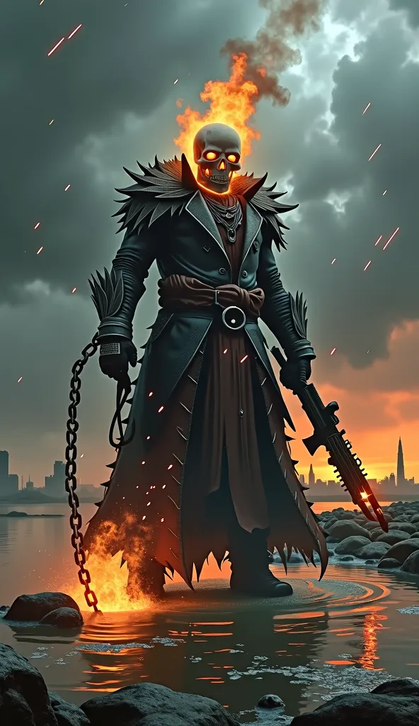 “In a stormy, apocalyptic landscape with dark swirling clouds and distant ruins, a towering figure with a flaming skull stands in the shallow, rippling water that glows with the reflection of his burning presence, wearing a tattered, spiked black leather c...