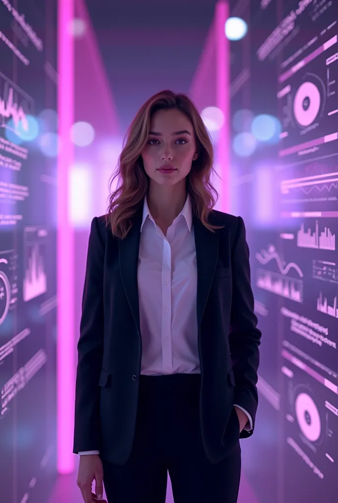 An average woman , with black blazer, white shirt inside, light brown hair, surrounded by graphics with shades of purple and lilac, Scientific graphics 
