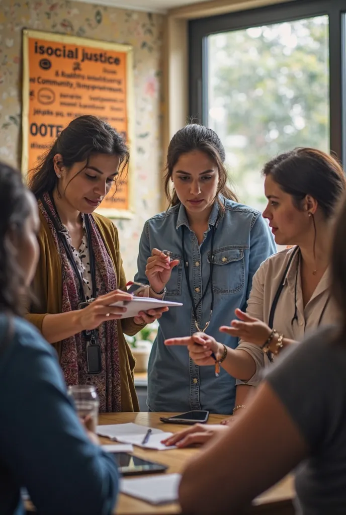 "A team of mental health professionals working in a community environment, promoting inclusion and equity. A banner with ethical principles such as 'social justice' and 'community empowerment' can be seen, while professionals offer support to different soc...