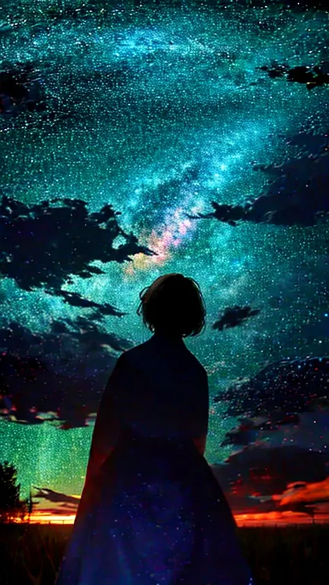 Starry Sky,meteor,8k,beautiful night sky,Back view of a girl looking up at the sky,Long Hit,wide shot