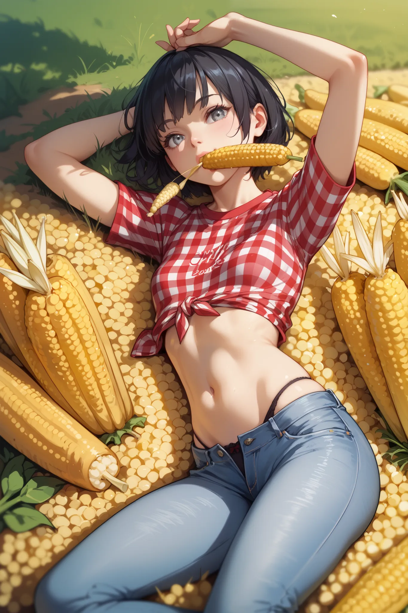  skinny girl ,  grey eyes, black hair, short hair, wide hips, very small breasts,  jeans, red checkered shirt,  corn field,  Lies on the ground, is resting, top view,  jeans спущены до колен, black panties, corn in the mouth