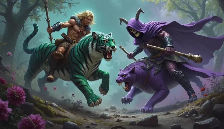blond man with muscular fringe / leather straps intertwined on the chest with a red malt cross in the middle of his chest / long iron bracelets / brown leather pants / golden belt / leather boots with fur / mounted on the top of a green tiger with roaring ...