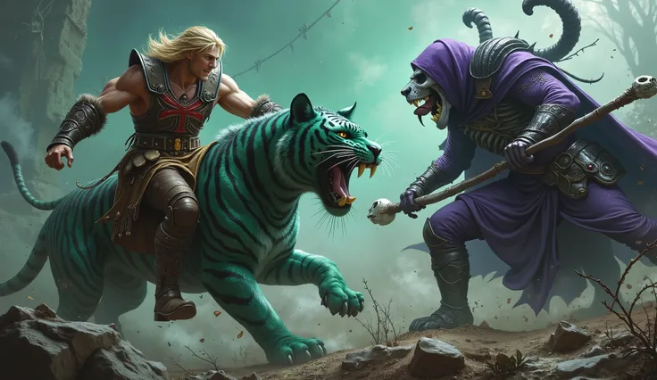 blond man with muscular fringe / leather straps intertwined on the chest with a red malt cross in the middle of his chest / long iron bracelets / brown leather pants / golden belt / leather boots with fur / mounted on the top of a green tiger with roaring ...