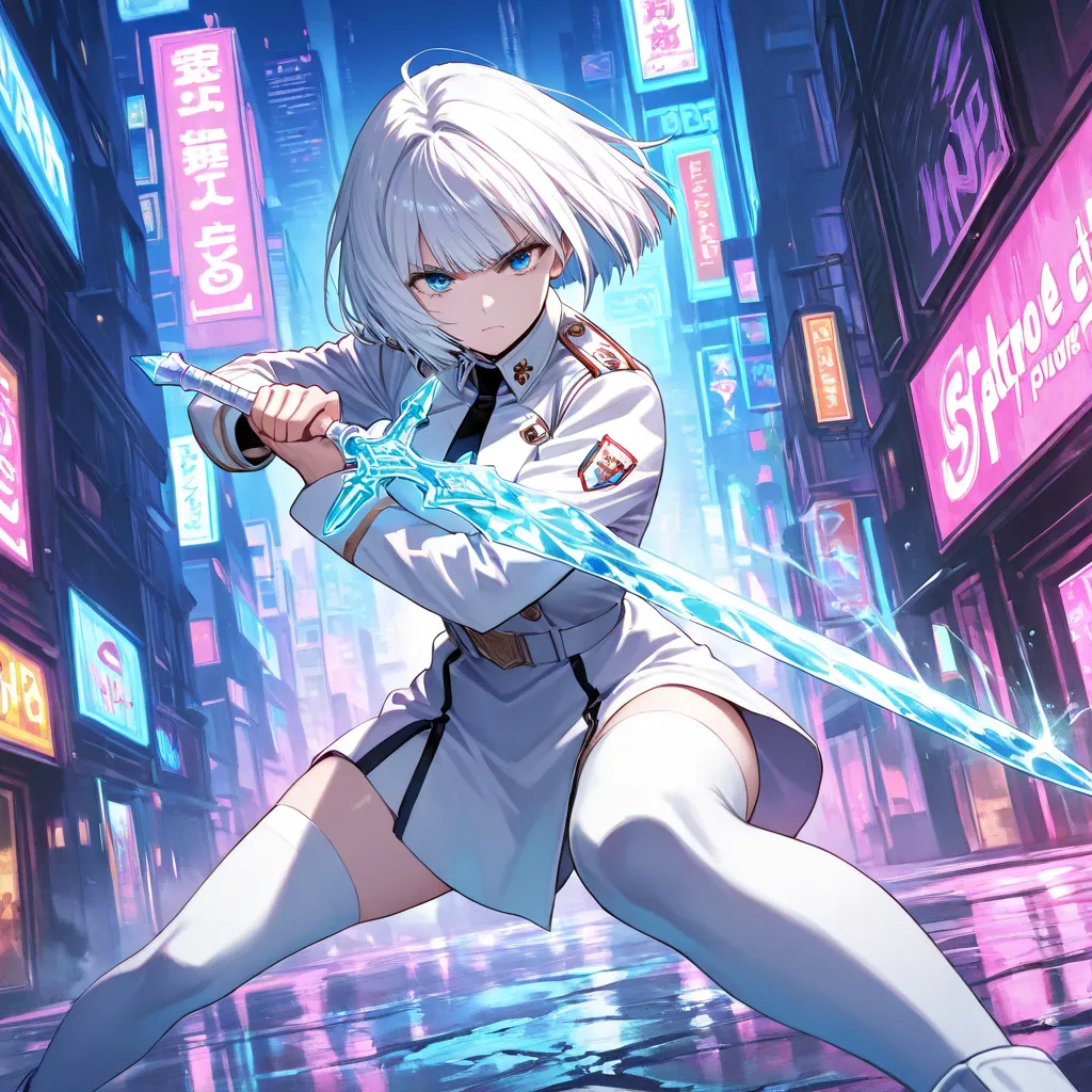 High quality, blue eyes, serious expression, neon city, bob-cut white hair, white military uniform, handling ice sword, battle stance, white knee-high socks, absolute area, and strong power,