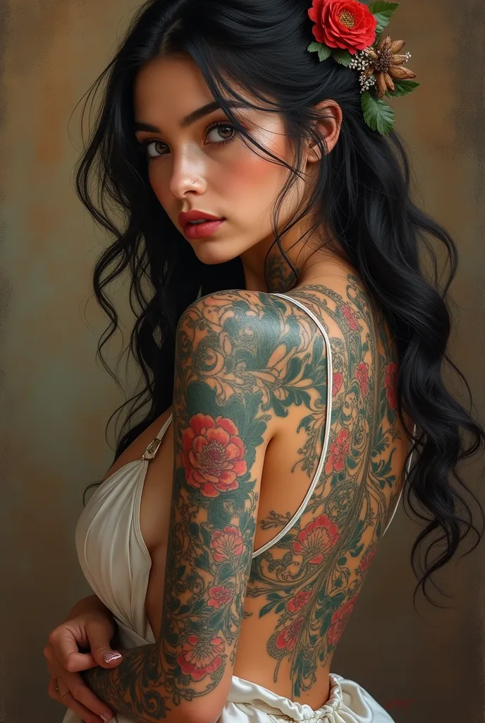 (best quality、High resolution、Super detailed、actual、1girl、full body tattoo、I have a dragon tattoo all over my back.、Bewitching、sexy、eros、beautiful face、detailed and perfect face、dragon professional、impressionist style、Bright colors、warm color palette、Natur...