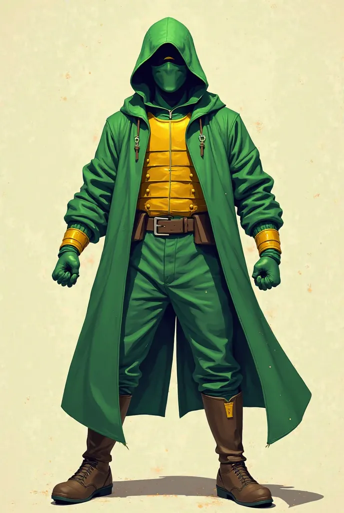 Modern art, hero, green hoodie, green mask covering eyes only, all-green clothing with yellow breastplate, brown belt, brown boots with yellow details, in attack position