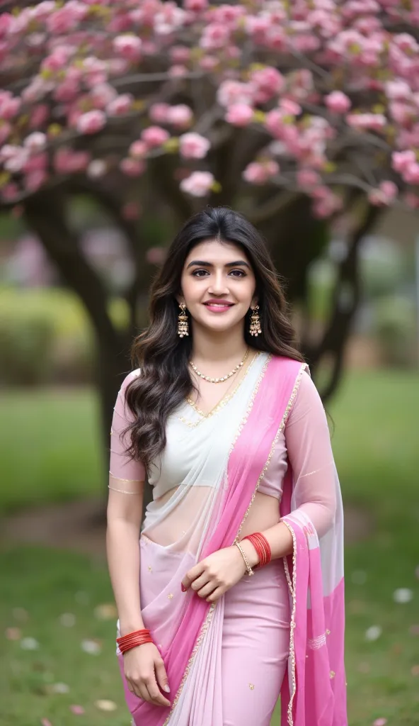 An award winning, full HD, HDR picture of a beautiful woman in her late 20s standing gracefully in a serene spring landscape, surrounded by freshly grown leaves and flowers of various colours. She is elegantly dressed in a modern and stylish chiffon saree,...