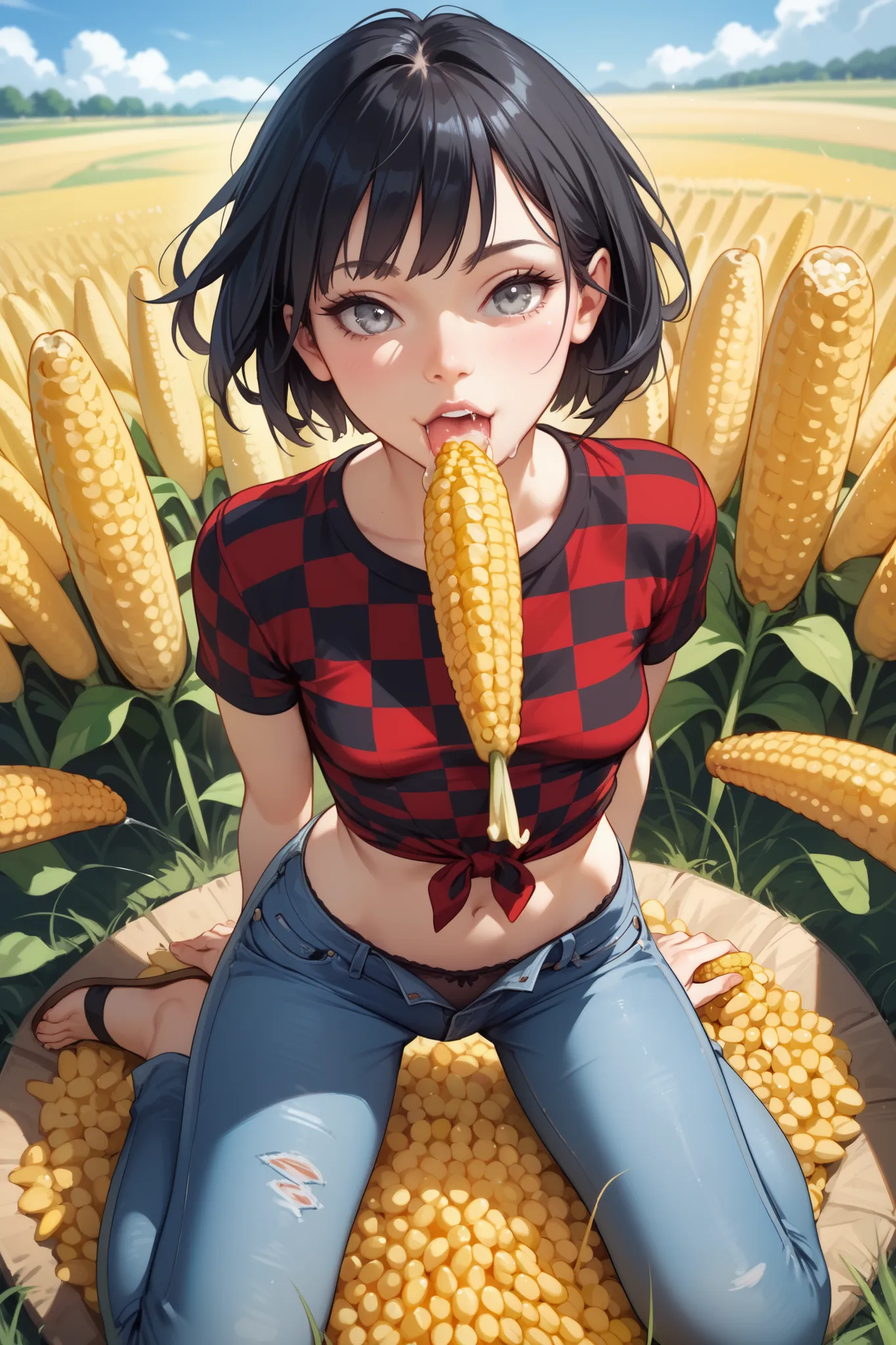  skinny girl ,  grey eyes, black hair, short hair, wide hips, very small breasts,  jeans, red checkered shirt,  Corn field, is kneeling, top view,  jeans спущены до колен, black panties, corn in the mouth, drool