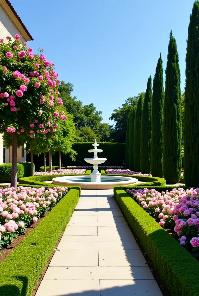  with an image showing a formal and symmetrical garden, starting from the left with the side of an architectural structure, possibly a building or wall, light stone blocks or stucco.
Adjacent to the structure, Left, stands out a lush tree with vibrant pink...