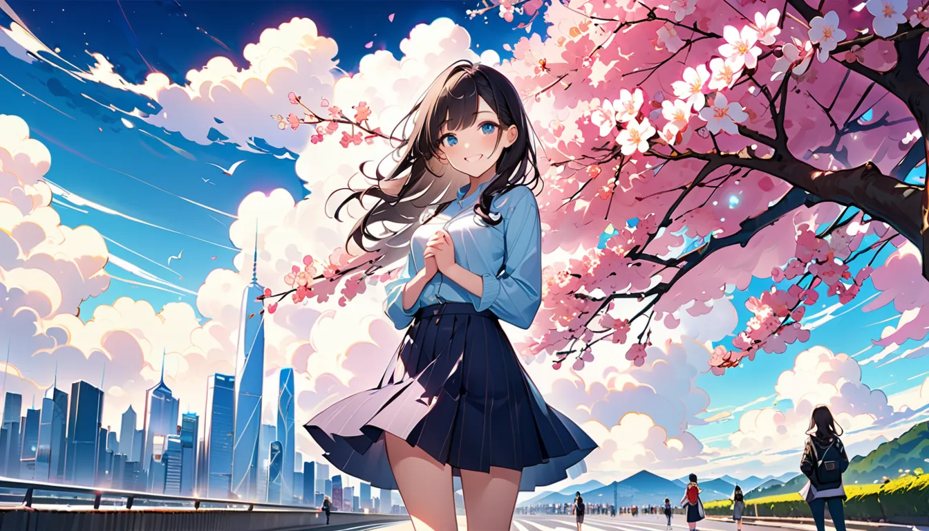 (((masterpiece, masterpiece、best quality, Super Detail:1.5))), (Cherry Blossom Tree Background), (very beautiful detailed face), (extremely delicate and beautiful), (very beautiful female college student, Alone,black hair long,blue eyes,  How to do it,), (...