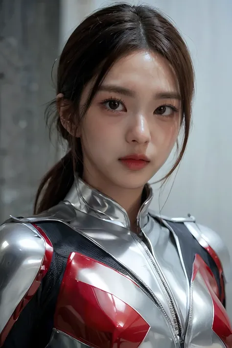 Ultraman、realistic、realistic、cinematic lighting, Girl in a shiny red and silver suit、、professional photos、Don&#39;Do not expose your skin, japanese model, japanese cgi、Ultraman Suit、, Power Rangers Suit、tight and thin cyber suit,Whole body rubbery、There&#3...