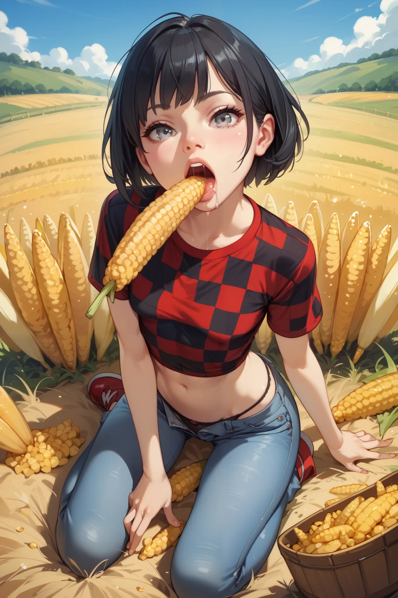  skinny girl ,  grey eyes, black hair, short hair, wide hips, very small breasts,  jeans, red checkered shirt,  Corn field, is kneeling, top view, black panties, corn in the throat, drool