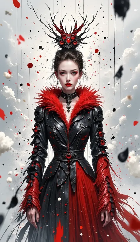 Sassan's surrealist masterpiece, with abstract shapes and splashes of paint surrounding the scene. She wears an amazing, gorgeous, fur jacket with a pattern, highlights her red and black costume. to leave a visually stunning work for the audience Impressed...