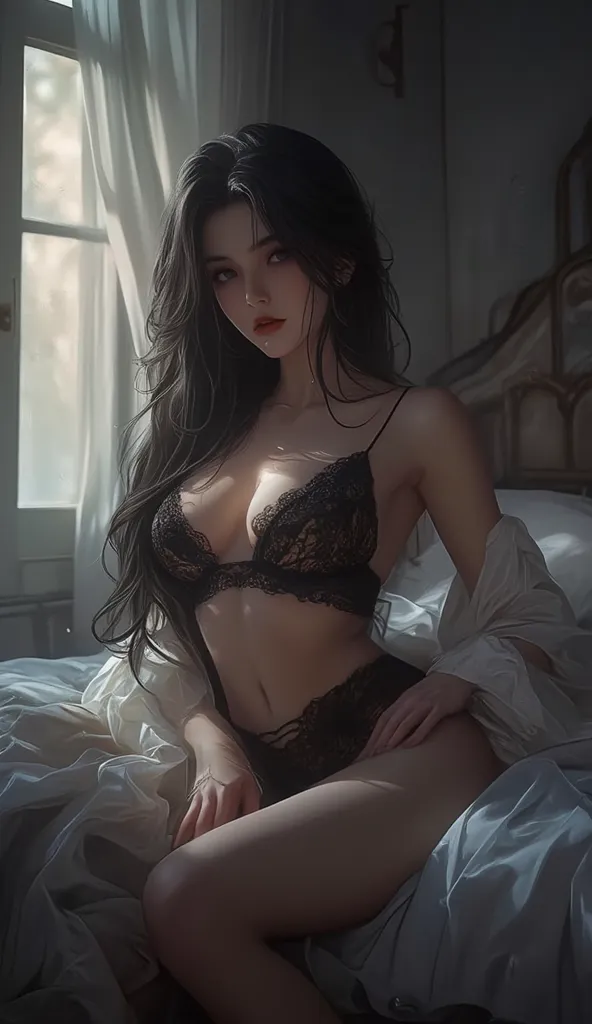 Sexy girl in a top with a beautiful figure lies on the bed  