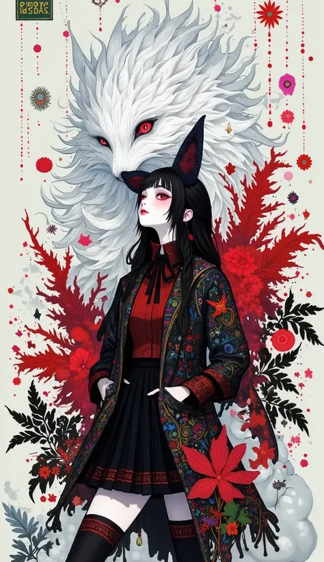 Sassan's surrealist masterpiece, with abstract shapes and splashes of paint surrounding the scene. She wears an amazing, gorgeous, fur jacket with a pattern, highlights her red and black costume. to leave a visually stunning work for the audience Impressed...