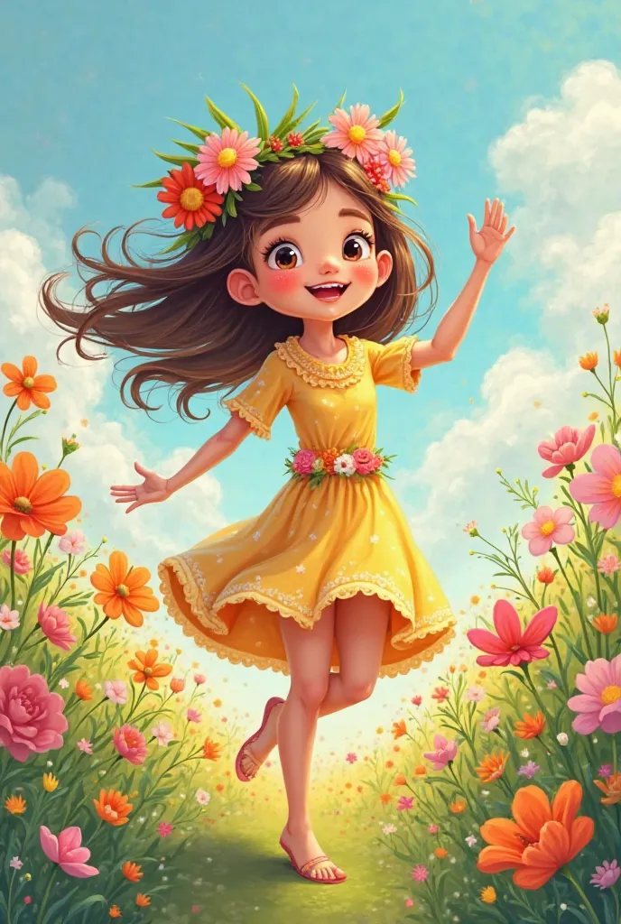 spring in the form of a cartoon girl against the background of a field of flowers