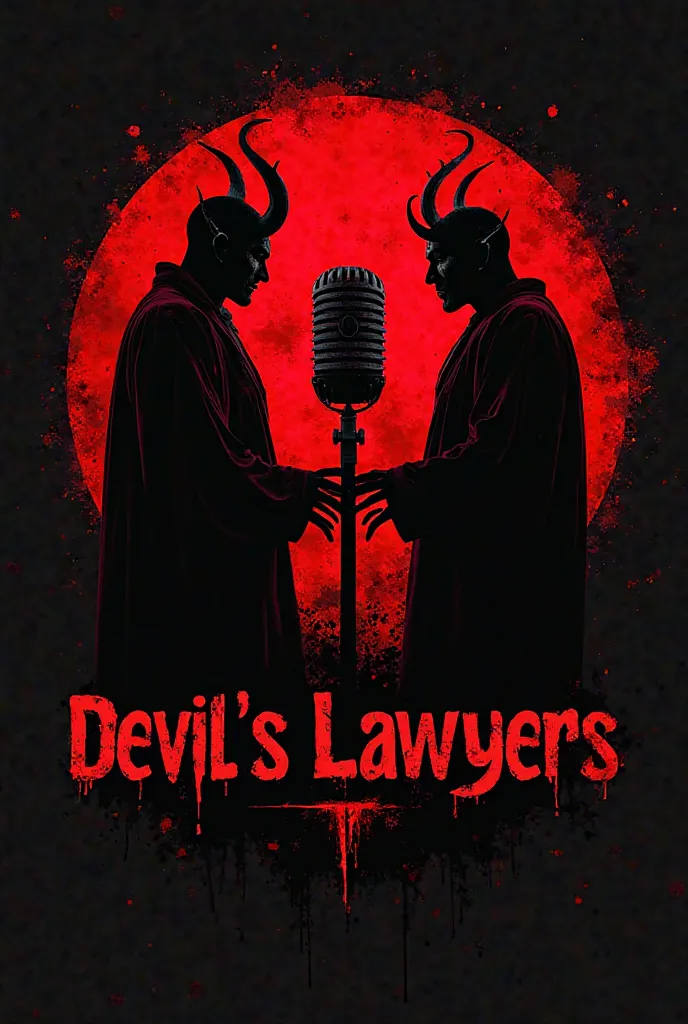 A logo for a YouTube channel dedicated to the podcast , two silhouettes of demons dressed in a lawyer's robe, around a microphone that symbolizes the podcast, inside an irregular circle with intense red and black colors.
the name "Devil's Lawyers" in the c...