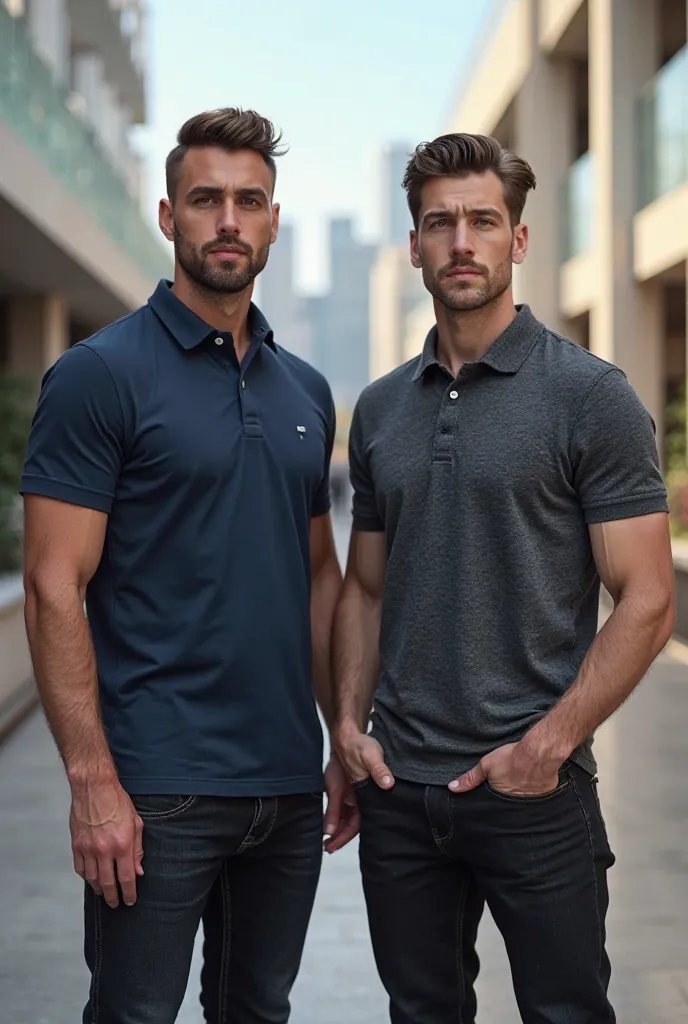 Create an image where two man wear black jeans and Polo t-shirt of different types 