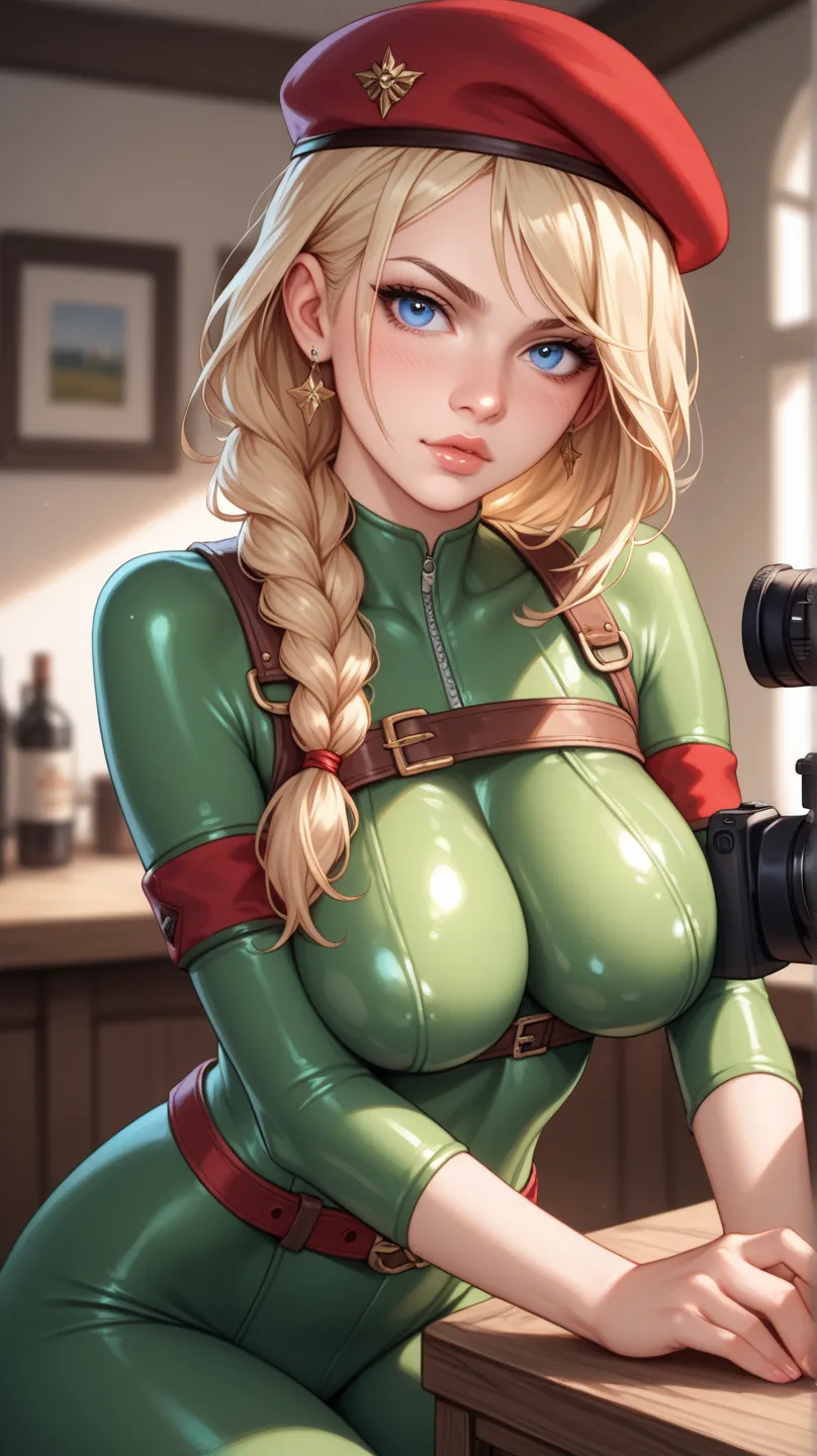 A realistic digital illustration shoot from a portrait camera angle about a portrait of a young woman with a serious expression, wearing a green outfit and a red beret. the image also shows a close-up of her upper body and a slight blush on her cheeks. on ...