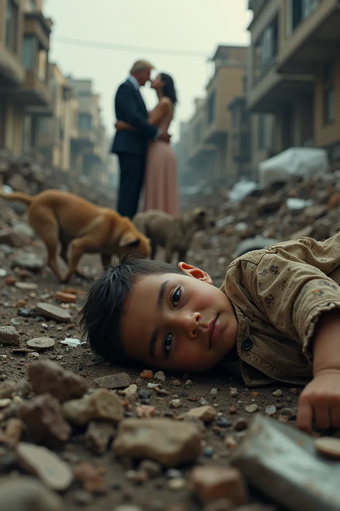 Make a boy born in garbage dogs licking him,while his mom is kissing with sheiks and Donald Trump in background background 