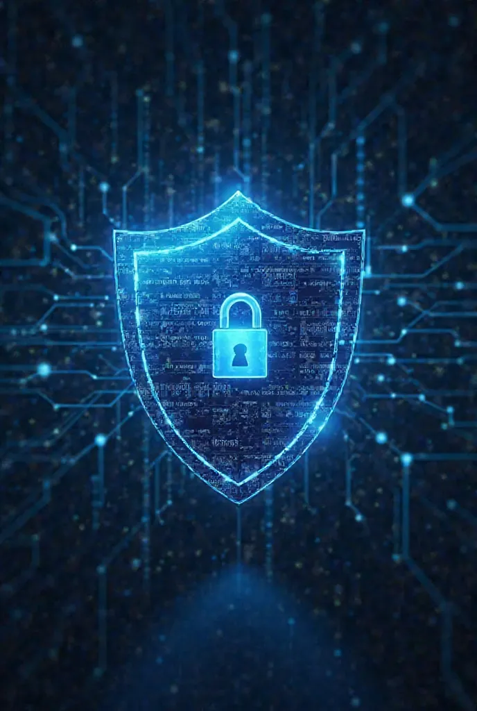 A modern digital shield protects a huge database, with an artificial intelligence algorithm that detects security threats. The background is a digital network with blue and white colors that reflect security and technology